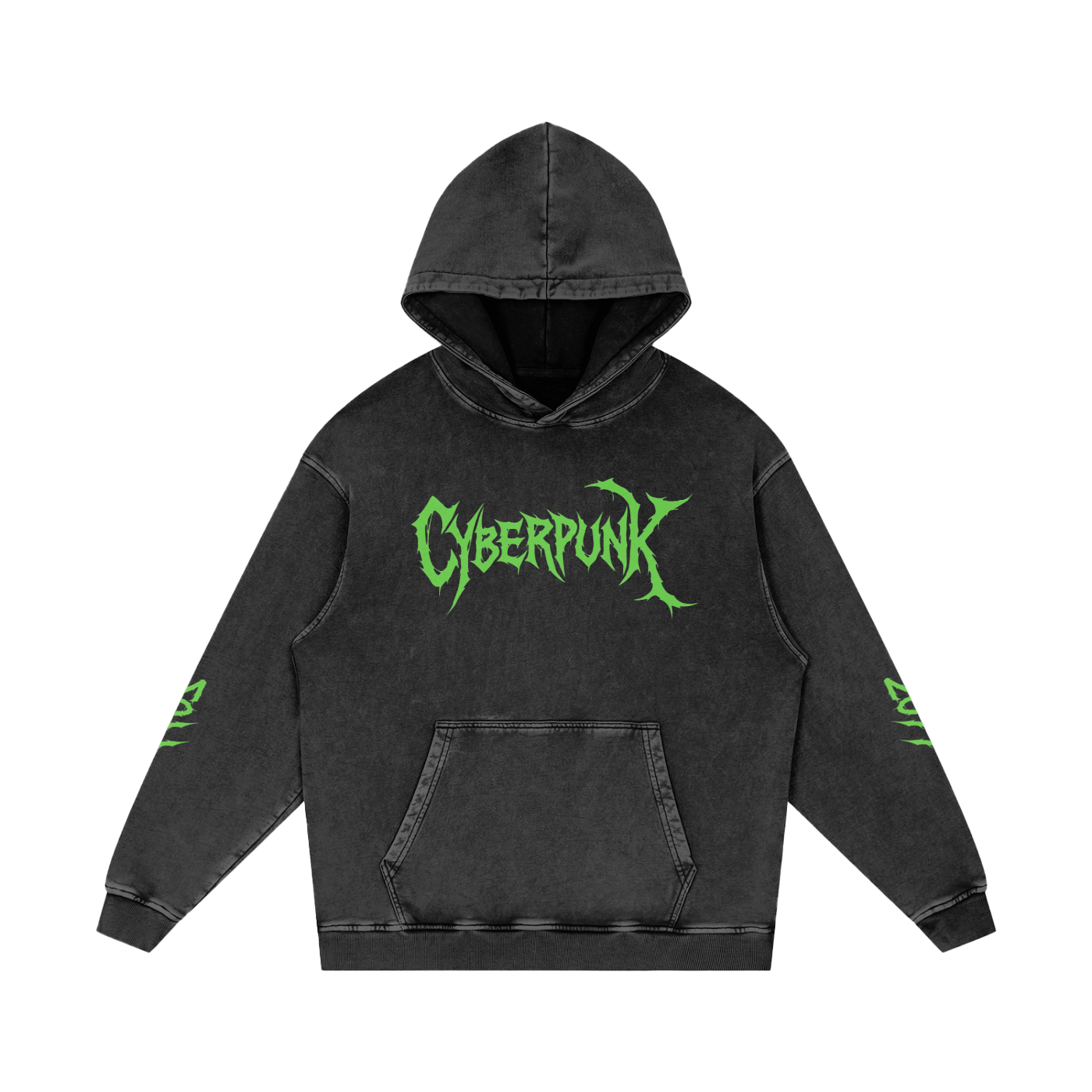 Black hoodie with green 'Cyberpunk' text on a white background