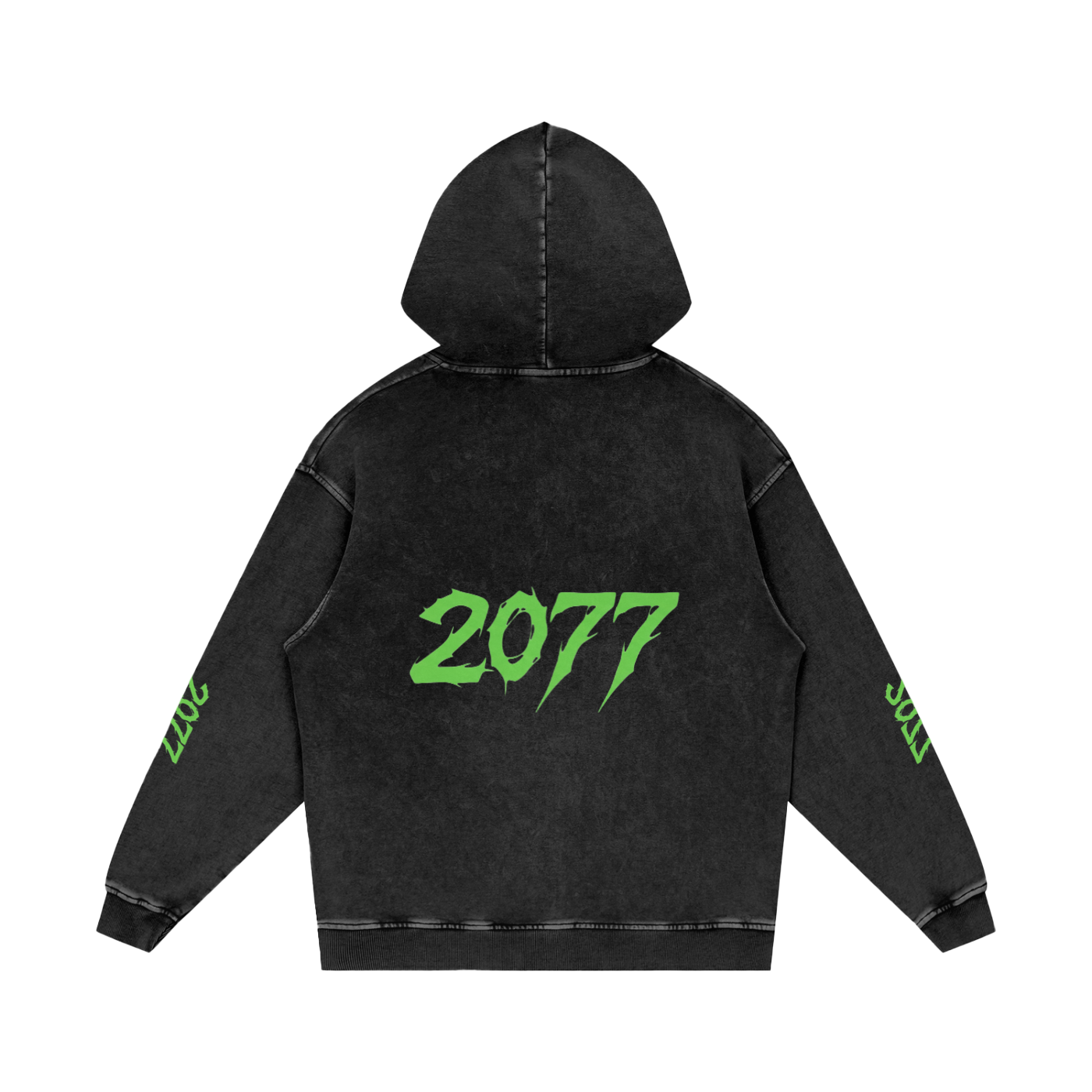 Black hoodie with green '2077' text on a white background
