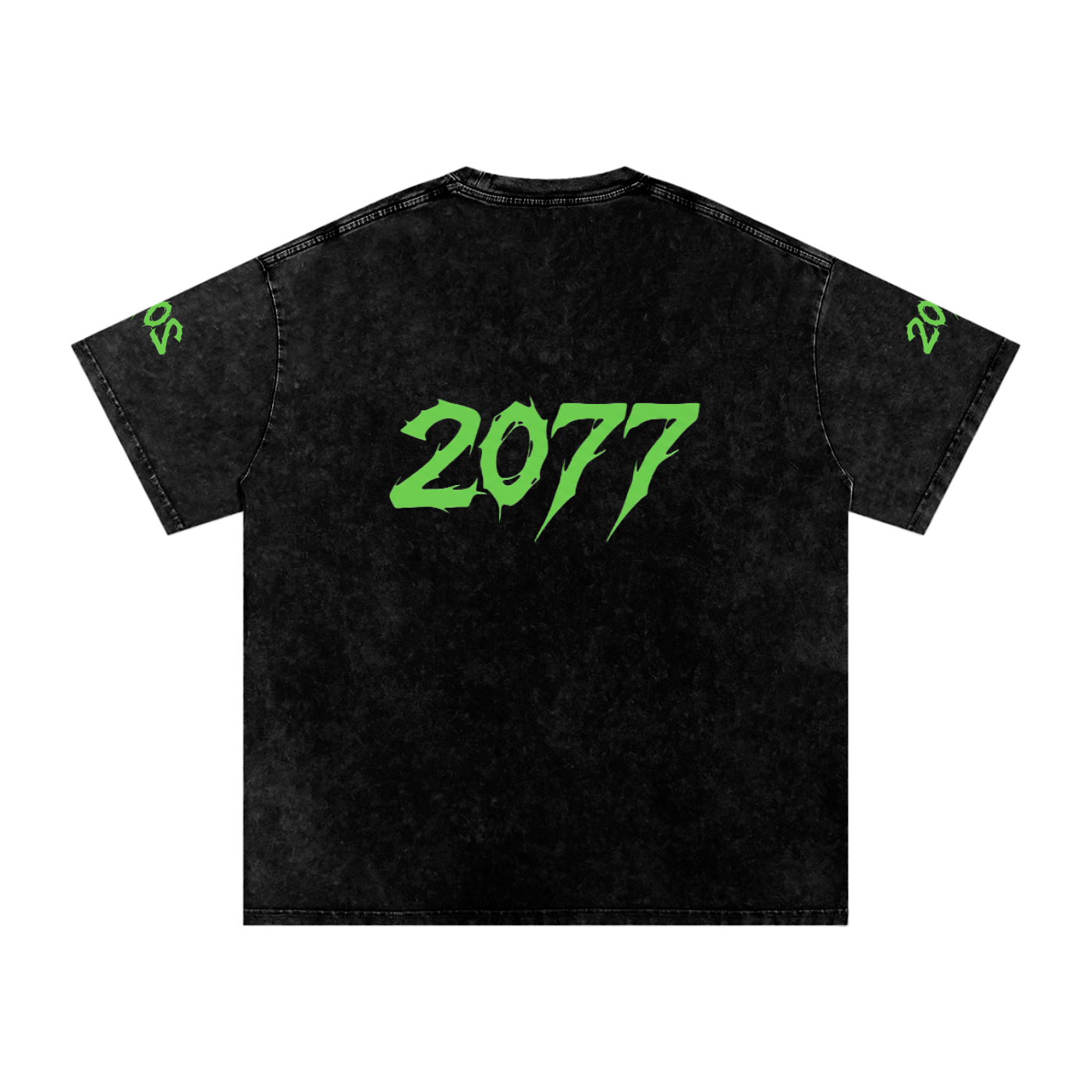 Black t-shirt with green '2077' text on a white background