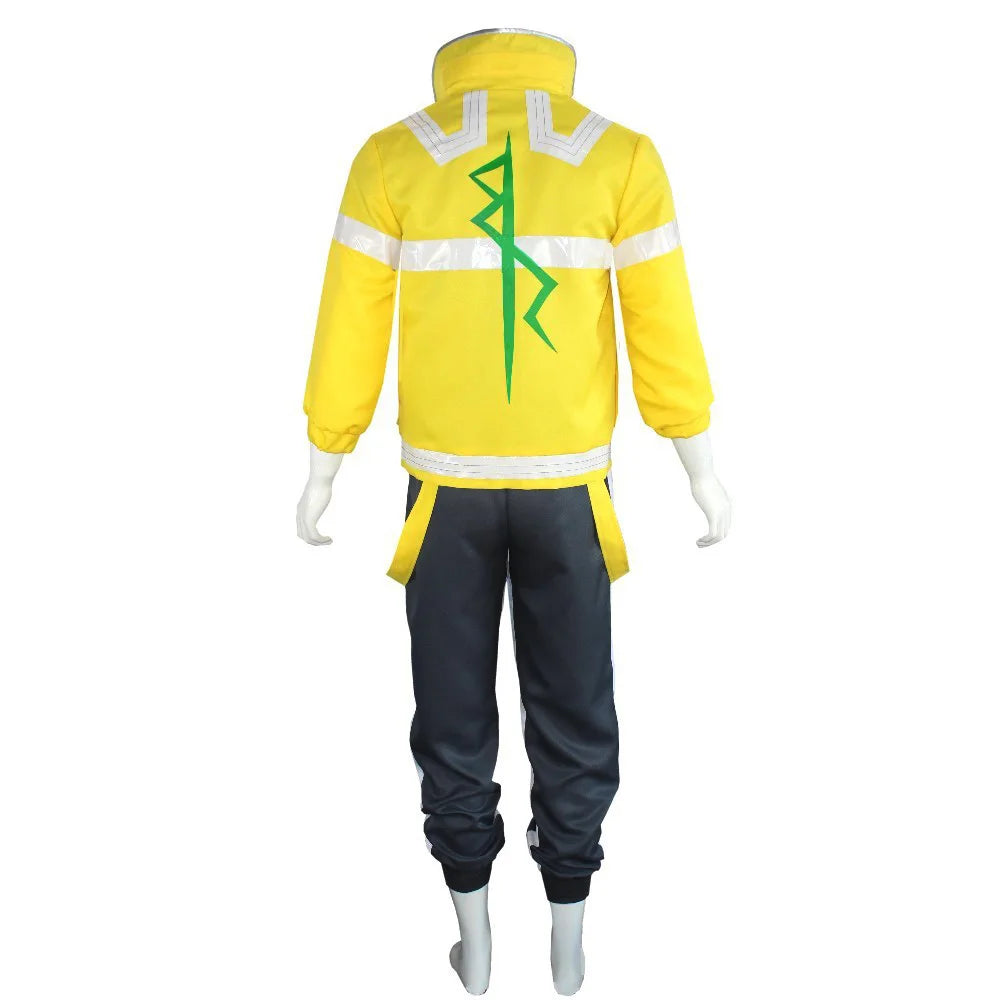 Yellow safety jacket with reflective stripes and a green logo on a white background