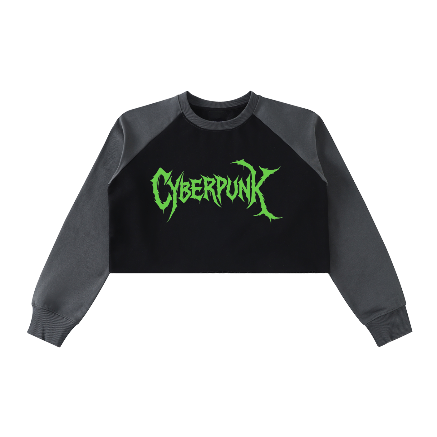 CyberPunk 2077 cropped raglan sweatshirt back view showing green 2077 logo with grey contrast sleeves and raw edge cropped hem

