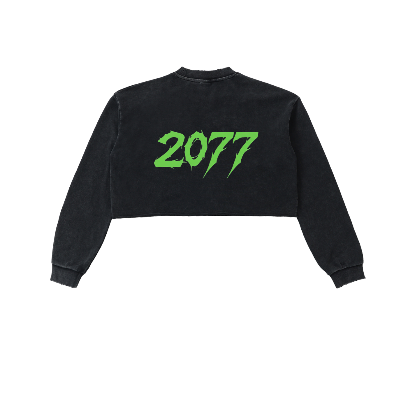 CyberPunk 2077 cropped sweatshirt back view with green metal logo, grey raglan sleeves, and raw edge hem on snow washed black