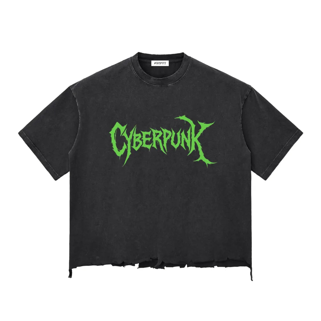 CyberPunk 2077 snow washed boxy t-shirt front view with green metal logo and distressed raw-hem edge on black cotton