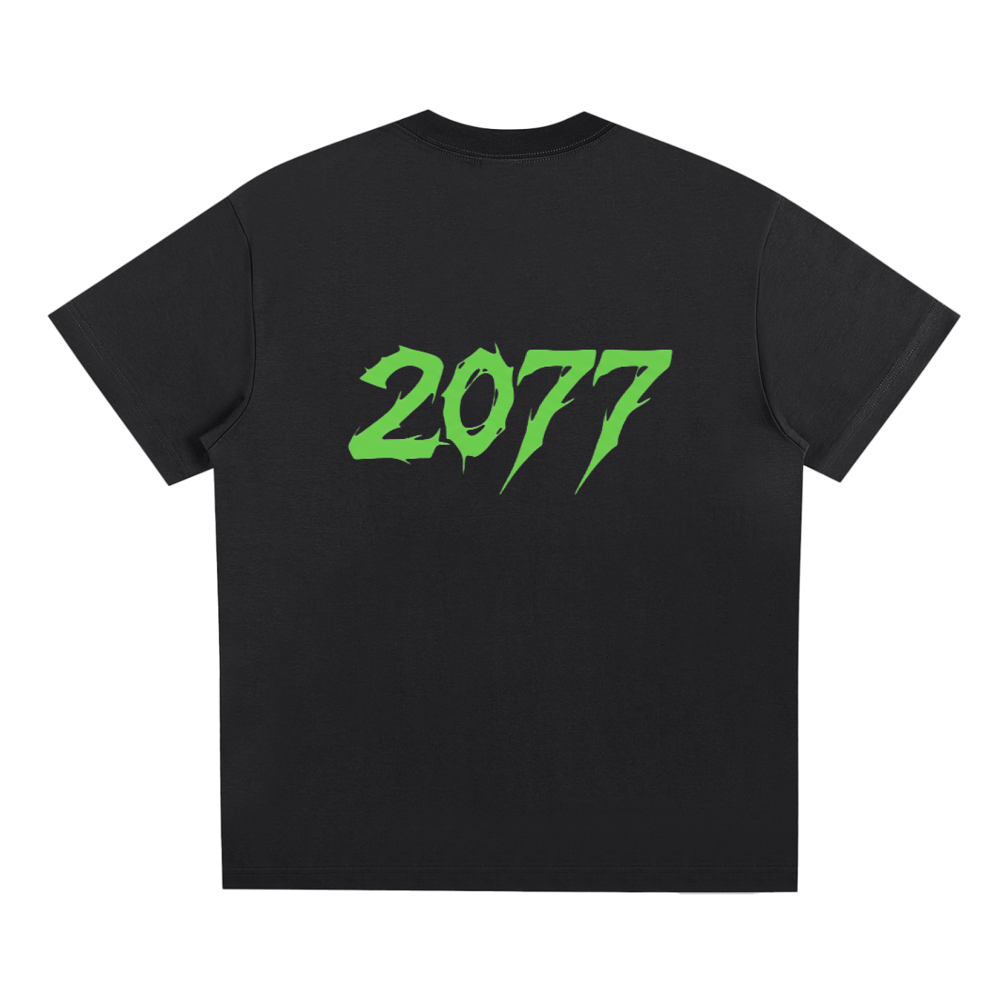 CyberPunk 2077 loose fit t-shirt back view with green metal-style logo on black cotton crew neck tee