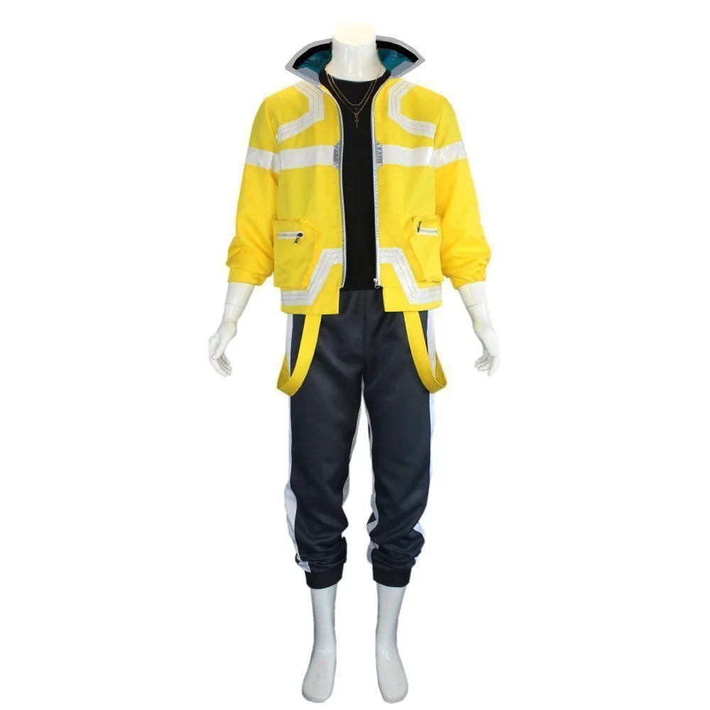 A yellow high-visibility jacket with reflective silver stripes, worn by a mannequin and paired with dark navy jogger pants with white side panels, set against a plain white background.